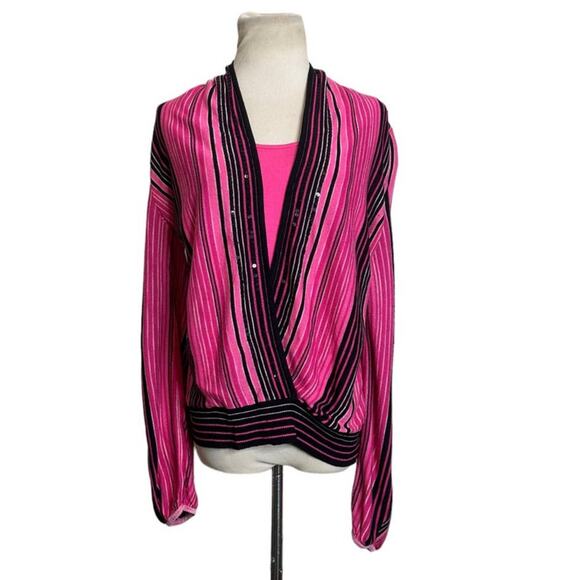 INC pink black stripes long sleeves sequin embellished knit top size M - Picture 1 of 9